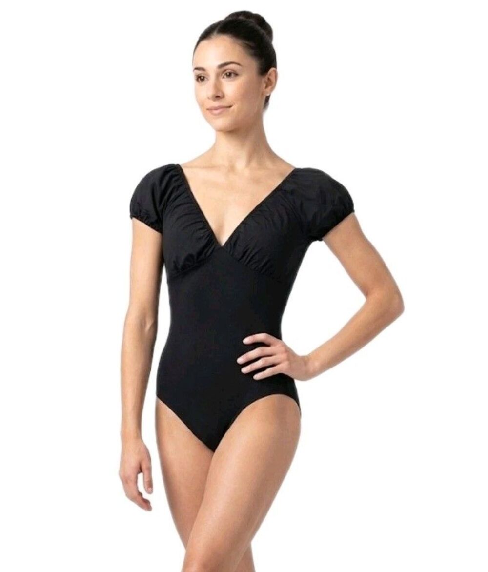 DanceTech VTG Black Puff Sleeve Vneck Dance Leotard Heavy Shirring Size Adult M